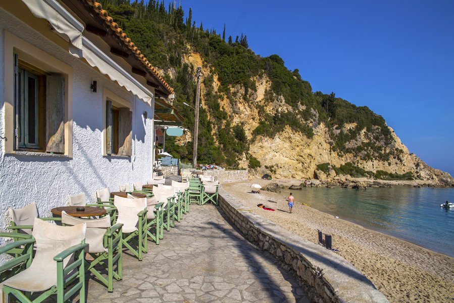 Captain’s Corner with an astounding view of Agios Nikitas’ cyan waters.